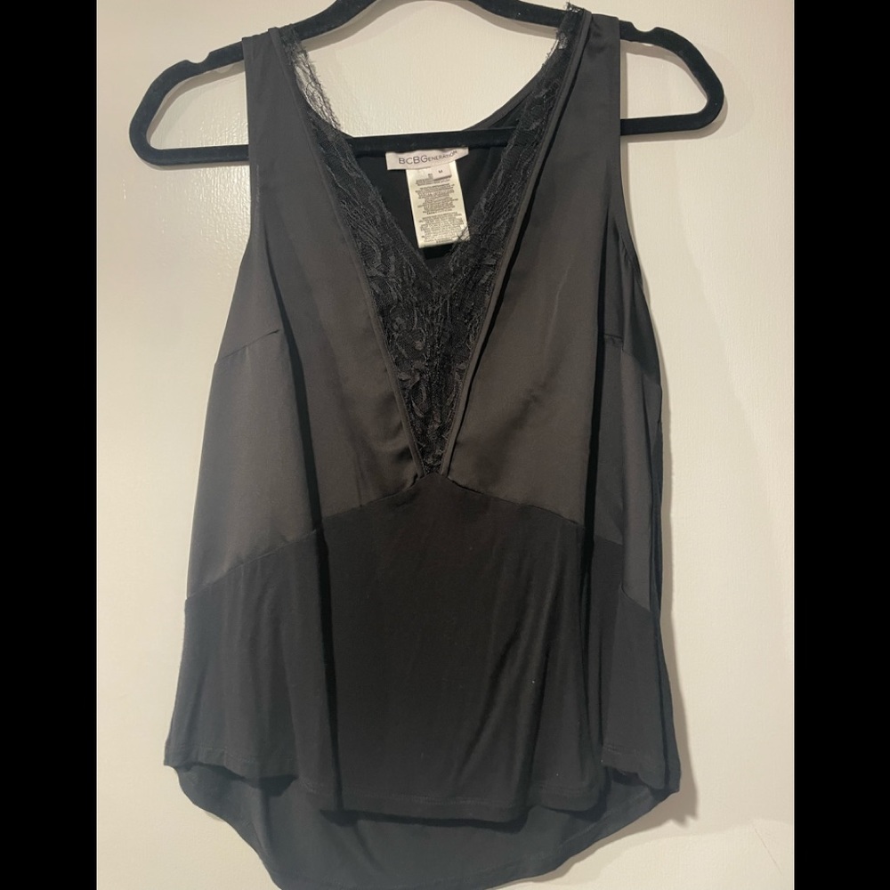 BCBG Generation Black Tank with lace and silk details. Size medium.